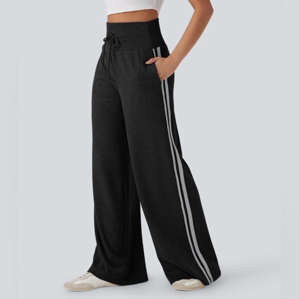 Halara Ribbed High Waisted Tummy Control Drawstring Wide Leg Black Trouser Small